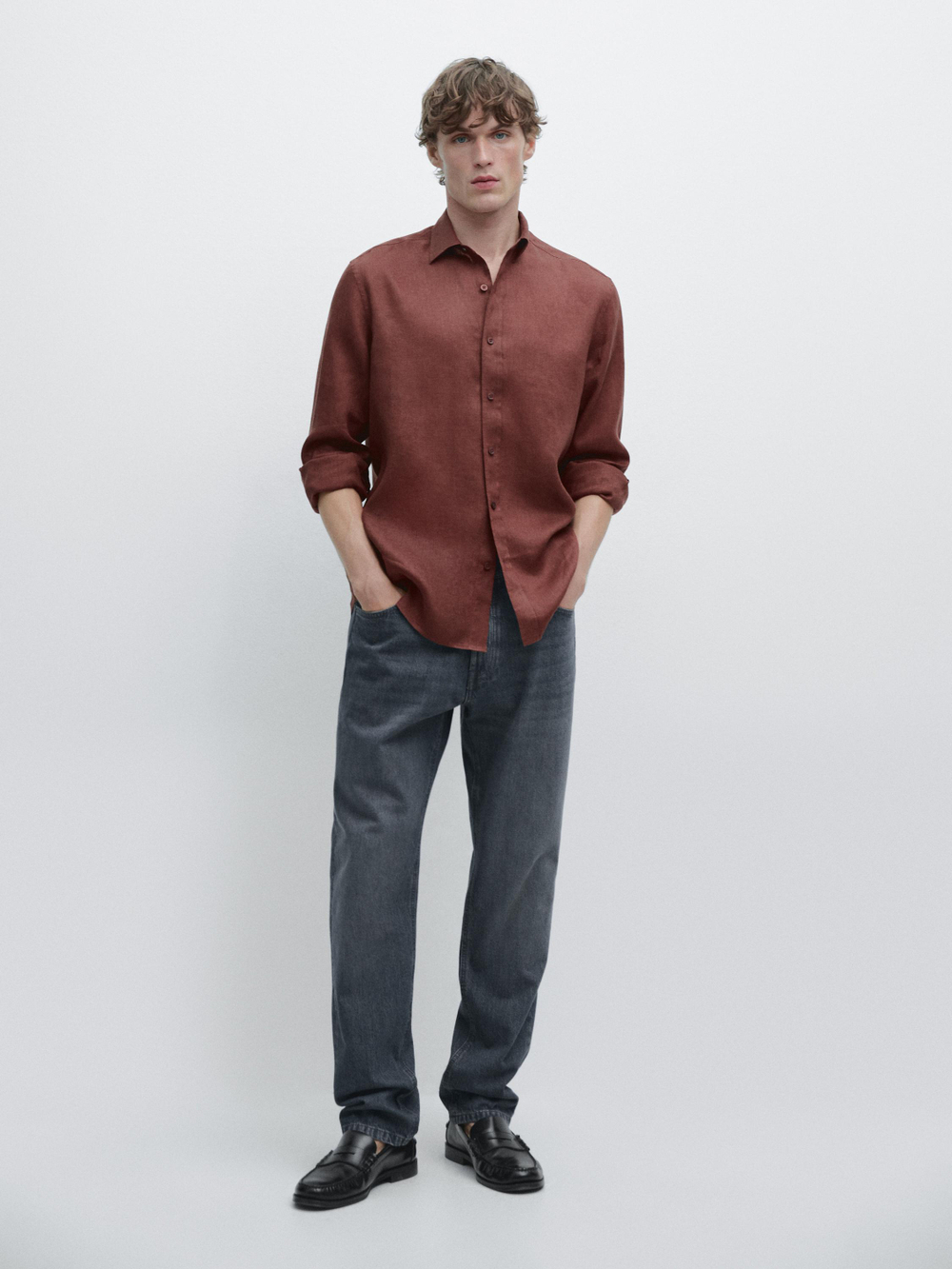 Massimo Dutti Рубашка приталенного кроя из 100% льна, терракотовый