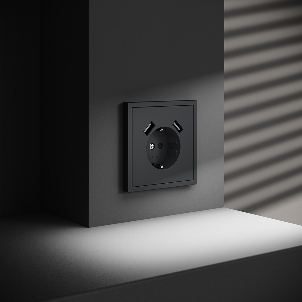 Розетка встраиваемая с заземлением и защитными шторками, 16А, с USB, A+A, (графит) Voltum S70 VLS040407