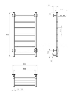 Полотенцесушитель электрический EWRIKA Пенелопа КВ7 80x55 см, подключение справа, слева, скрытое подключение справа, матовый черный, лесенка, из стали, с полкой
