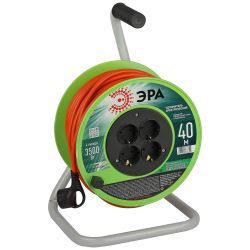 Удлинитель силовой ЭРА RP-4e-3x1.5-40m на пластиковой катушке c заземлением 4 розетки 40м ПВС 3х1,5мм2 | Силовые удлинители