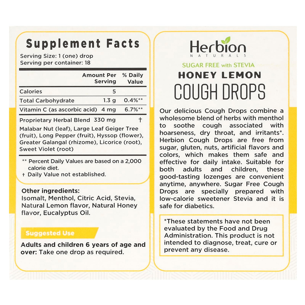 Herbion Naturals, леденцы от кашля, без сахара, мёд и лимон, 18 шт.