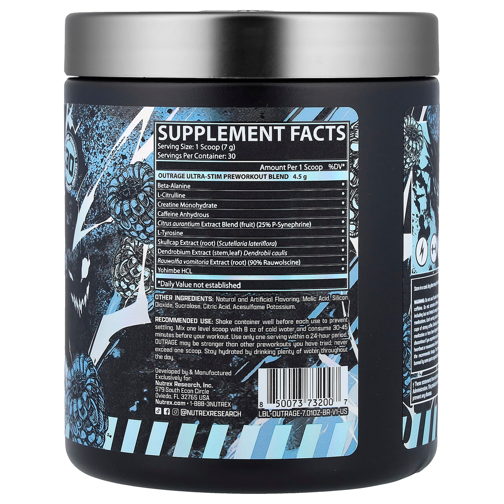 Nutrex Research, Outage, Ultra Stim, предтренировочный комплекс, со вкусом голубой малины, 198,66 г (7,01 унции)