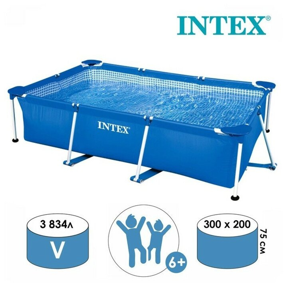 Каркасный бассейн 300х200х75 см Intex 28272, прямоугольный семейный бассейн для дачи Small Frame 3834 л