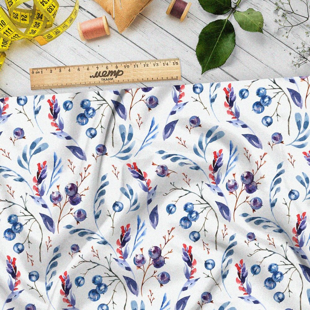 Ткань штапель листья с голубикой