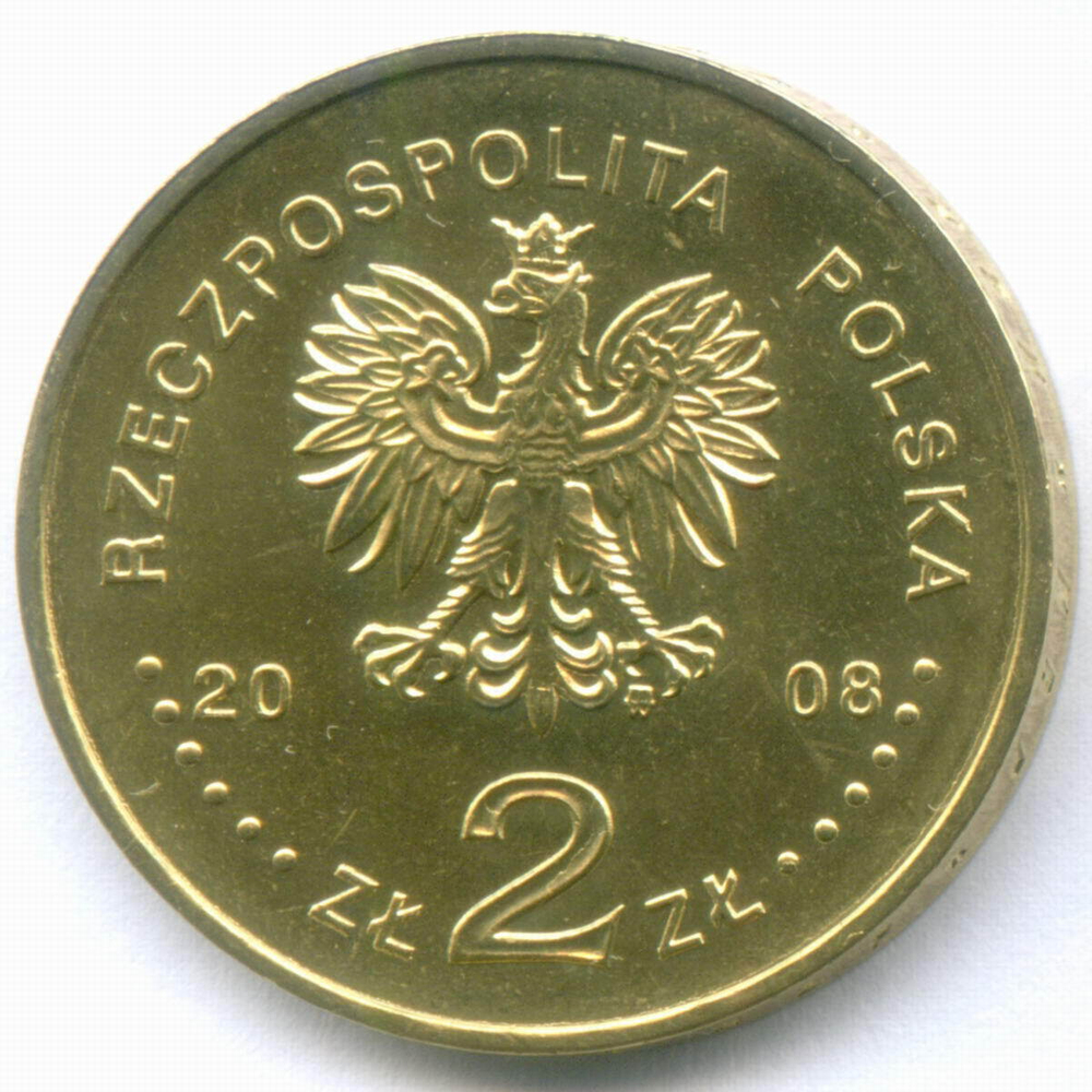 2 злотых 2008 год. Польша. 10 лет со дня смерти Збигнева Херберта. Латунь, диаметр 27 мм. AUNC