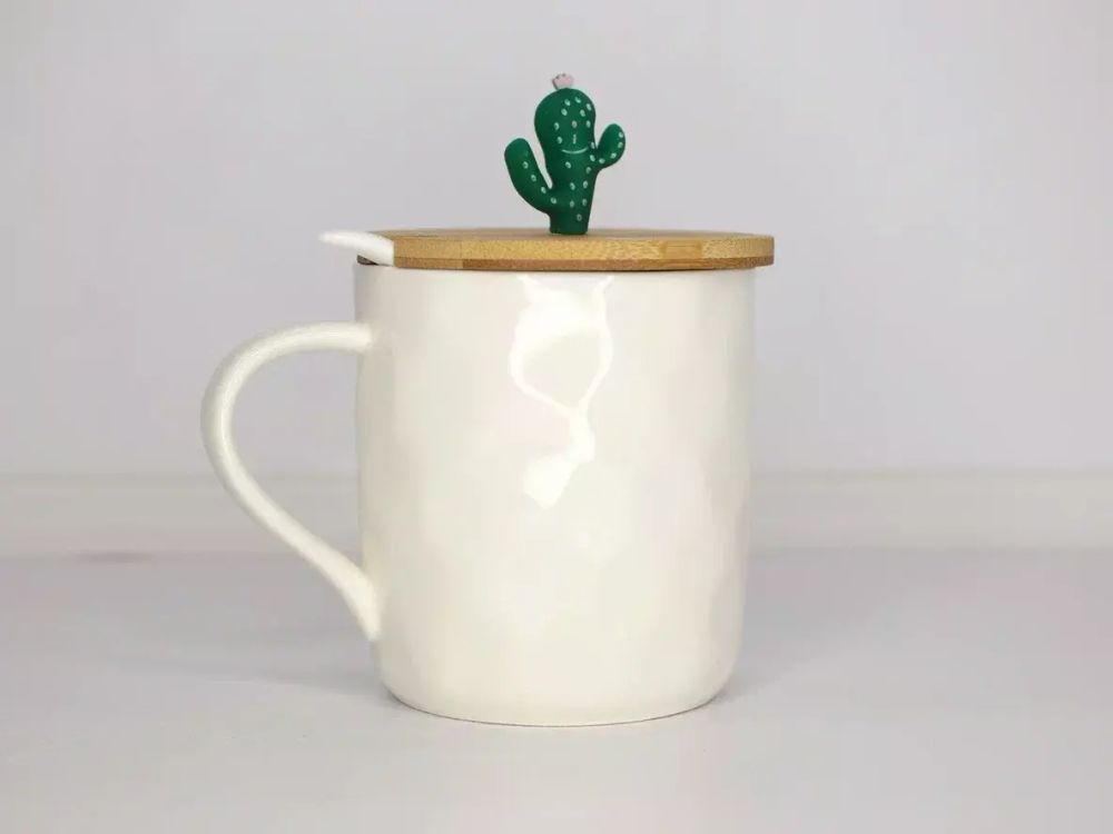 Кружка керамическая с деревянной крышкой и ложкой «Кактус», 380 мл, цвет МИКС