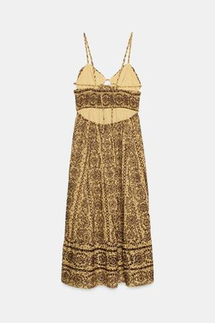 ZARA ПЛАТЬЕ МИДИ С ВЫШИВКОЙ РИШЕЛЬЕ И ВЫРЕЗАМИ, КОРИЧНЕВЫЙ