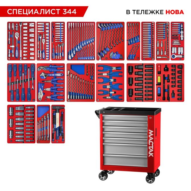 МАСТАК (50-07344R) Набор инструментов 344 предмета, "СПЕЦИАЛИСТ 344", в красной тележке