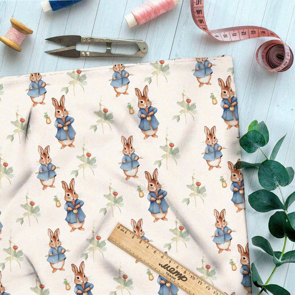 Ткань премиум бифлекс зайцы в редких ягодах