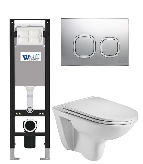 Унитаз подвесной WeltWasser AMBERG 350 + BAARBACH 004 GL-WT + AMBERG RD-CR белый глянцевый, безободковый, с крышкой микролифт, с инсталляцией и кнопкой хром глянцевый