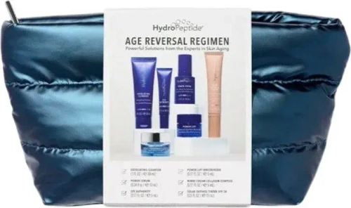 HYDROPEPTIDE Набор Age Reversal Regimen Travel Size (Power Serum,Power Lif, Eye Authority, Nimni Cream , Exfoliating Cleancer, Solar Defense Tinted SPF30, Navy Puffer Bag) Мини набор для коррекции возрастных изменений и профилактики старения