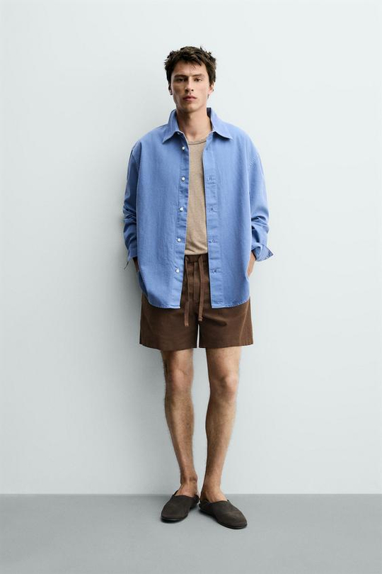 ZARA ШОРТЫ RELAXED FIT ИЗ ХЛОПКА И ЛЬНА, КОРИЧНЕВЫЙ