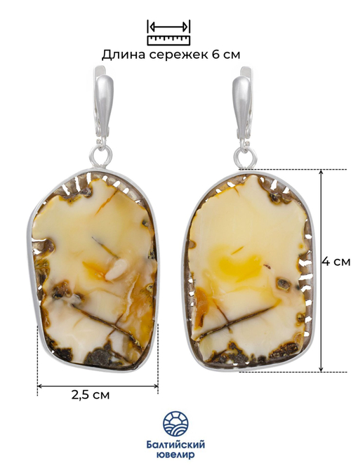 Уникальные серебряные серьги с цельным пейзажным янтарем, серебро 925 пробы