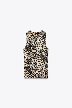 ZARA БАЗОВЫЙ ОДНОТОННЫЙ ТРИКОТАЖНЫЙ ТОП, ЛЕОПАРДОВЫЙ