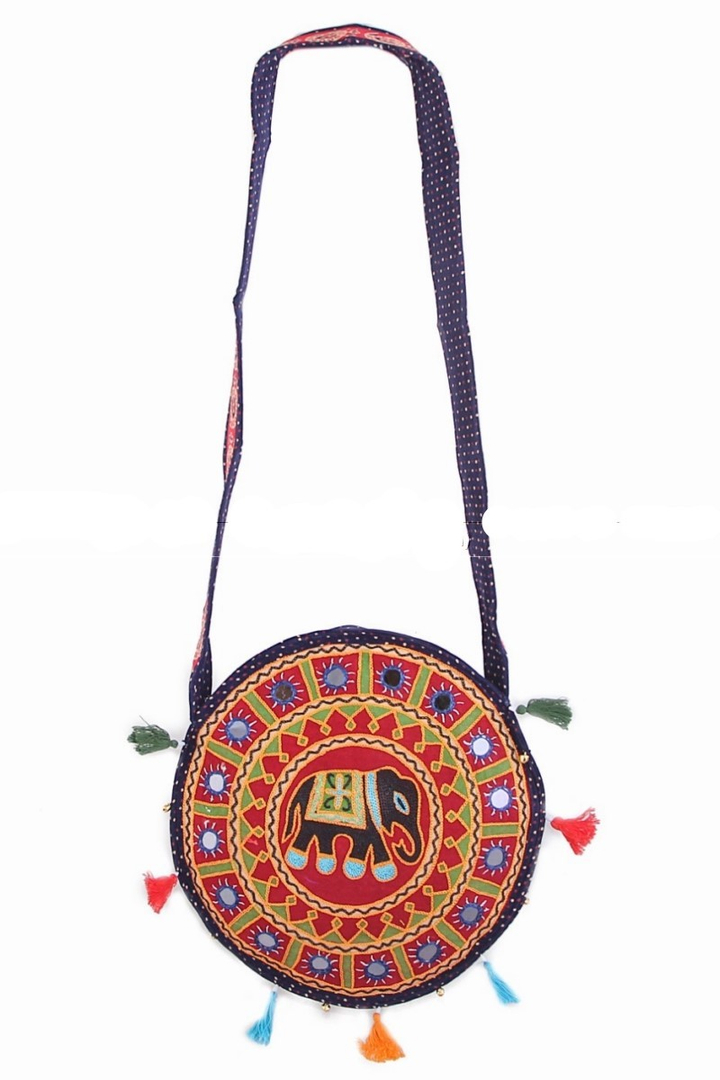 Сумка Этно "Слон" с вышивкой, зеркалами и кисточками, круглая, цвет темной-синий бордовый