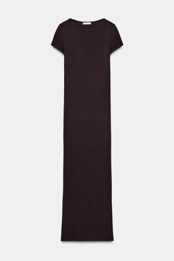 ZARA ДЛИННОЕ ПЛАТЬЕ С КОРОТКИМИ РУКАВАМИ, КОРИЧНЕВЫЙ