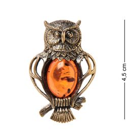 AM- 946 Брошь «Сова Мудрая» (латунь, янтарь)