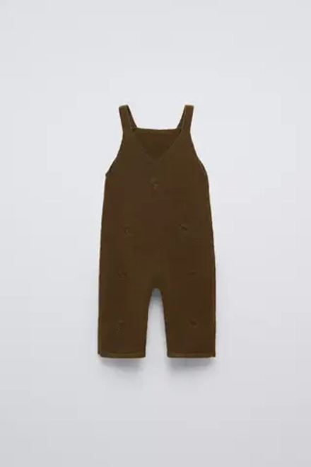 ZARA ТРИКОТАЖНЫЙ КОМБИНЕЗОН С ЦВЕТОЧНОЙ ВЫШИВКОЙ, ТЕМНО-ЗЕЛЕНЫЙ