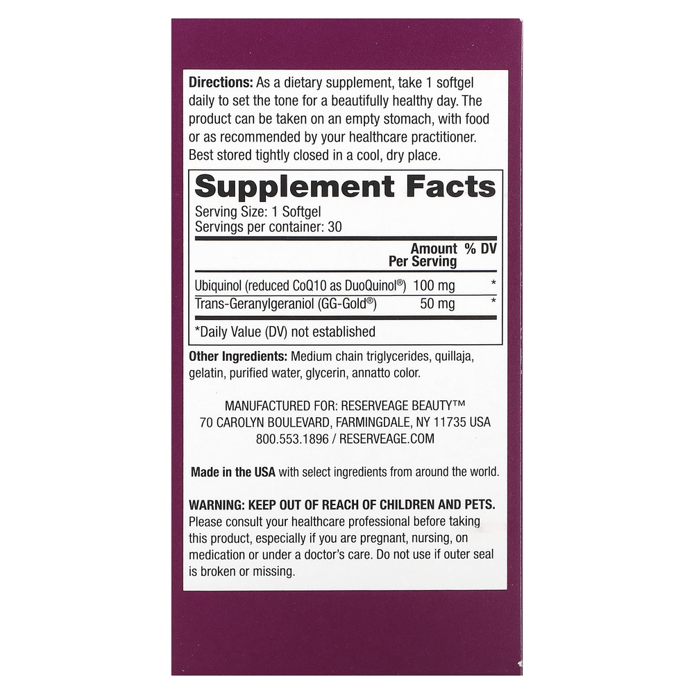 Reserveage Beauty, убихинол, коэнзим Q10, 30 капсул