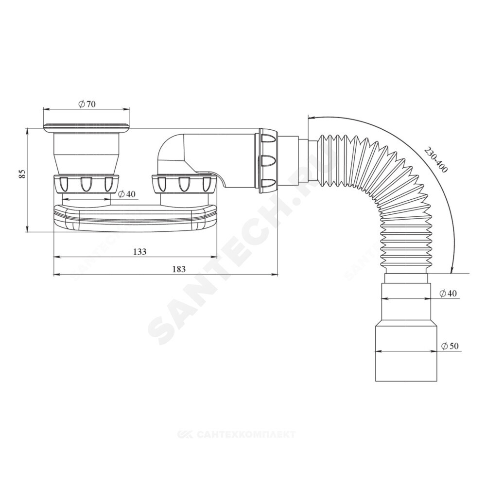 Сифон для поддона плоский 1 1/2"x50/40 с гофрой 40х40/50 выпуск с пластиковой решёткой Unicorn G22Р