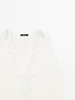 Massimo Dutti Струящаяся блузка с кружевной отделкой, натуральный