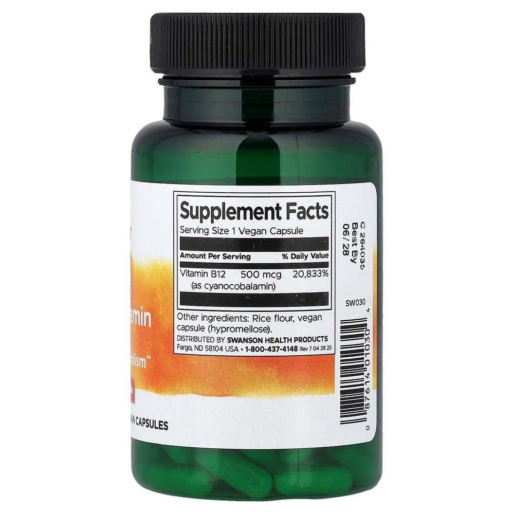Swanson Vitamins, витамин B12, 500 мкг, 100 веганских капсул