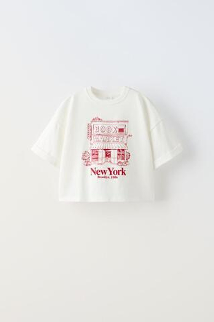 ZARA ФУТБОЛКА ИЗ ТКАНИ С ПРИНТОМ, БЕЛЫЙ/КРАСНЫЙ