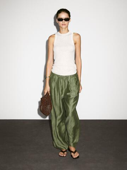 Massimo Dutti Брюки прямого кроя из струящейся льняной ткани, зеленый