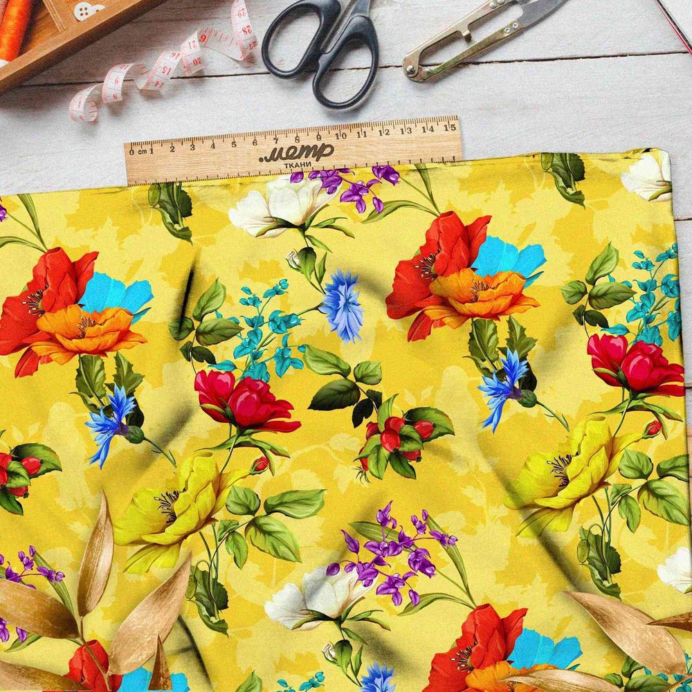 Ткань оксфорд 600 цветы на желтом фоне
