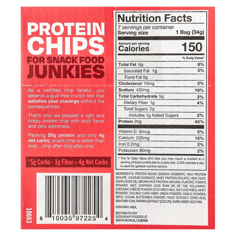 Legendary Foods, протеиновые чипсы, пицца, 7 пачек по 34 г (1,2 унции)