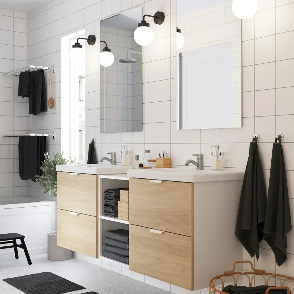 Комбинация для ванной - IKEA ENHET, 164х43х65 см, белый/имитация дуба, ЭНХЕТ ИКЕА