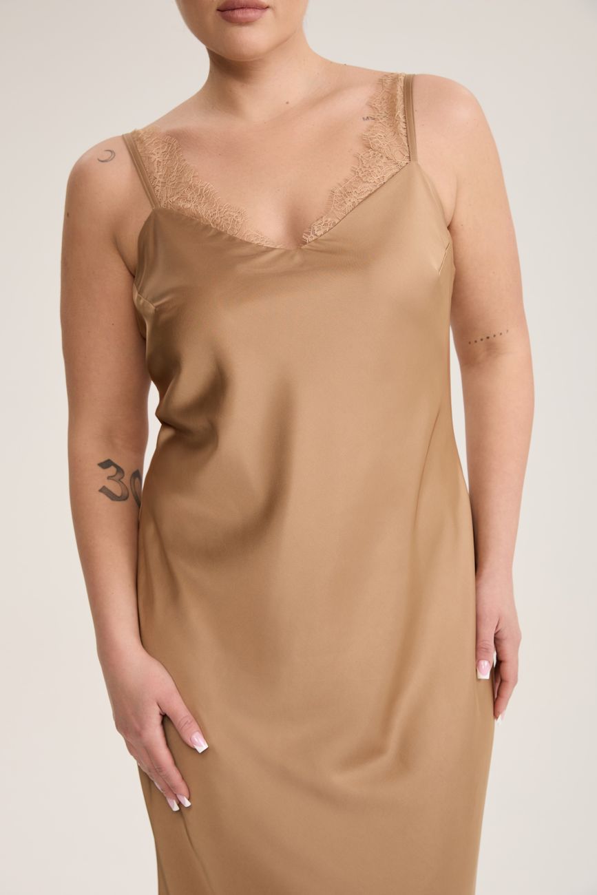 Платье-комбинация с кружевом, капучино