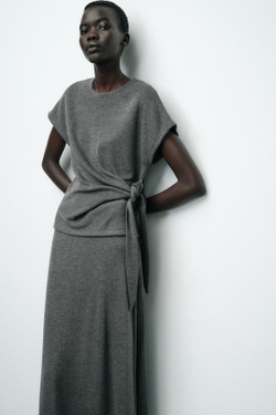 ZARA МЯГКИЙ ТОП С УЗЛОМ, СЕРЫЙ С МЕЛАНЖЕВЫМ ЭФФЕКТОМ