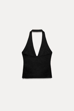 ZARA ТОП С ГОРЛОВИНОЙ ХАЛТЕР И СБОРКОЙ, ЧЕРНЫЙ