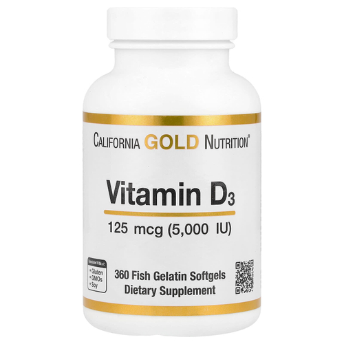 California Gold Nutrition, витамин D3, 125 мкг (5000 МЕ), 360 капсул из рыбьего желатина