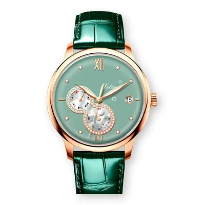 Часы наручные механические с автоподзаводом ПРЕМИУМ LOBINNI на кожаном ремешке, золотистый/зеленый W9640-02
