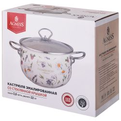 КАСТРЮЛЯ AGNESS ЭМАЛИРОВАННАЯ СО СТЕКЛЯННОЙ КРЫШКОЙ СЕРИЯ "FLOWER STORY", 3,8 Л ДИА. 22СМ