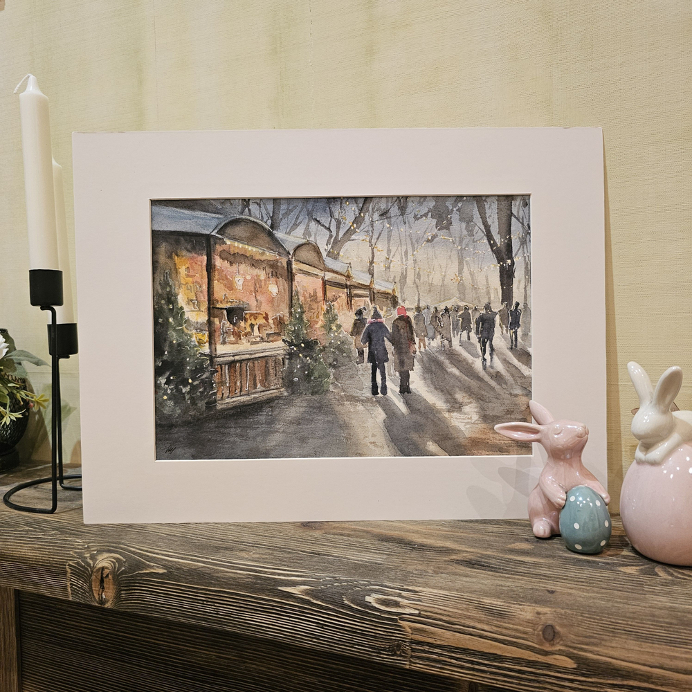 Картина авторская акварельная в паспарту 30х40 см на стену для интерьера "Предновогодняя ярмарка"