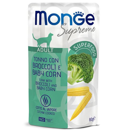 Monge Supreme Adult Cat пауч для взрослых кошек с брокколи и мини-кукурузой 80 гр