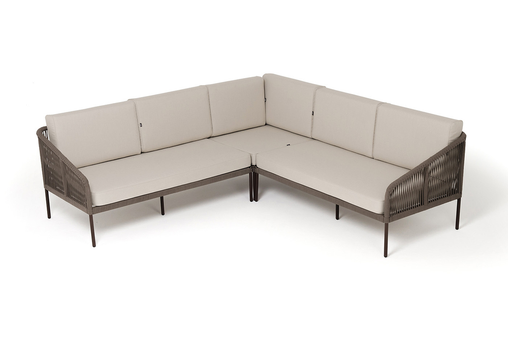 "Канны" диван модульный плетеный из роупа, каркас алюминий коричневый (RAL8016) муар, роуп коричневый круглый, ткань бежевая 035