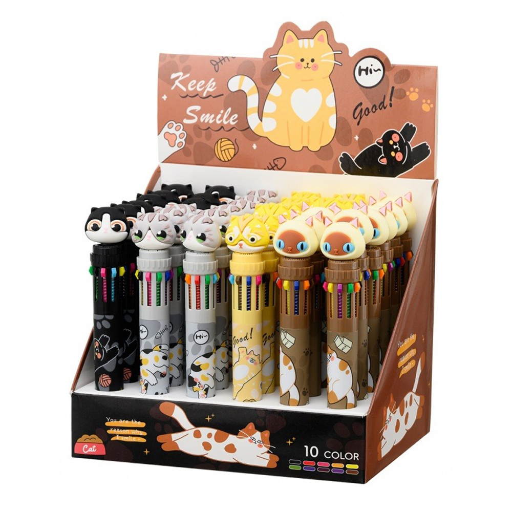 Ручка шариковая, автоматическая, 10в1, Basir, серия "Кошки", 10-ти цветная, с резиновой фигуркой, 36 шт