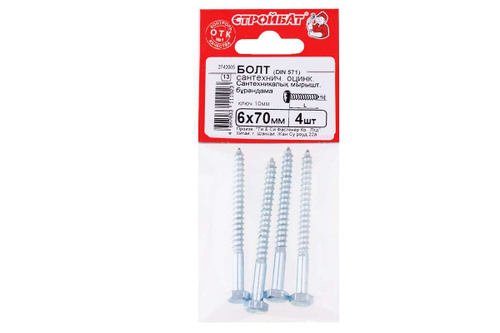 БОЛТ САНТЕХНИЧЕСКИЙ СТРОЙБАТ ОЦИНК DIN 571 6Х70 4ШТ 3678