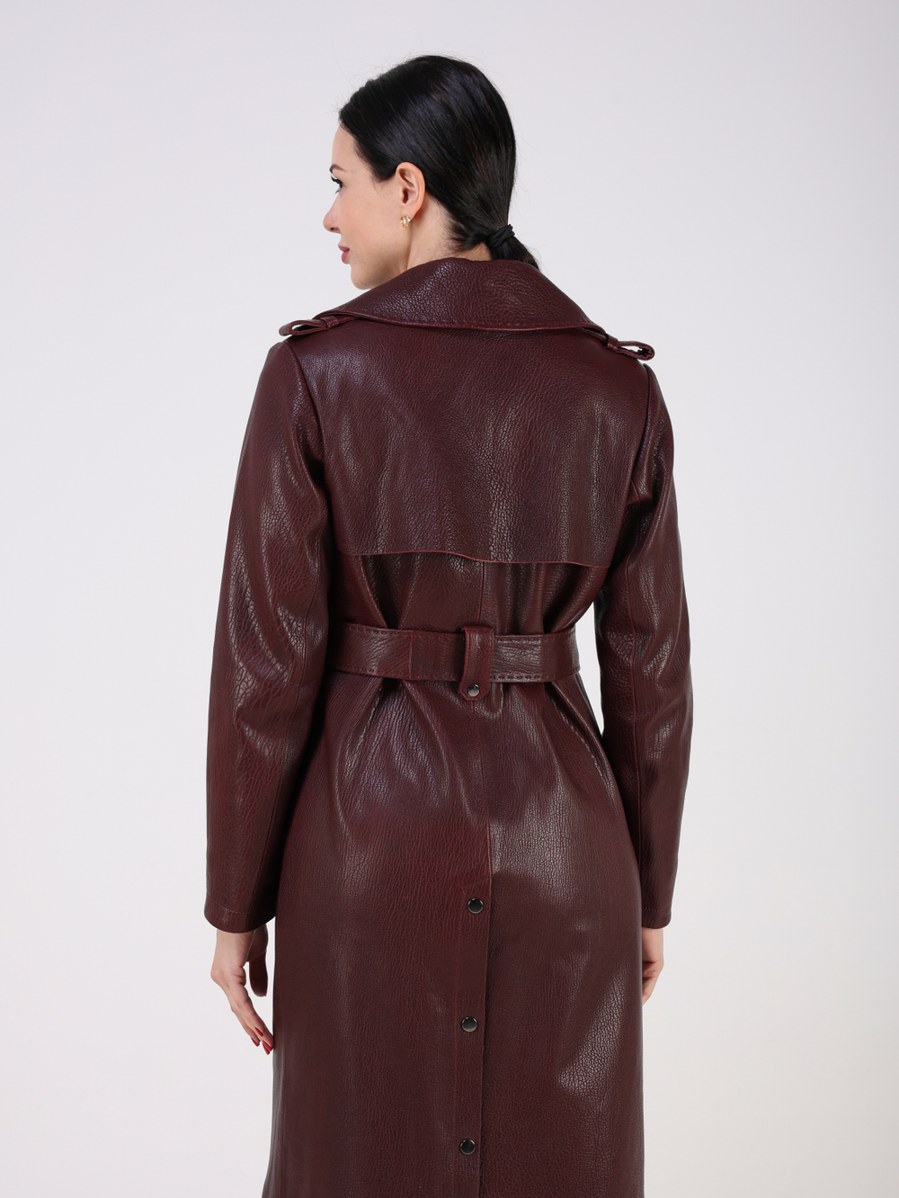 Тренч длинный кожаный с поясом плащ