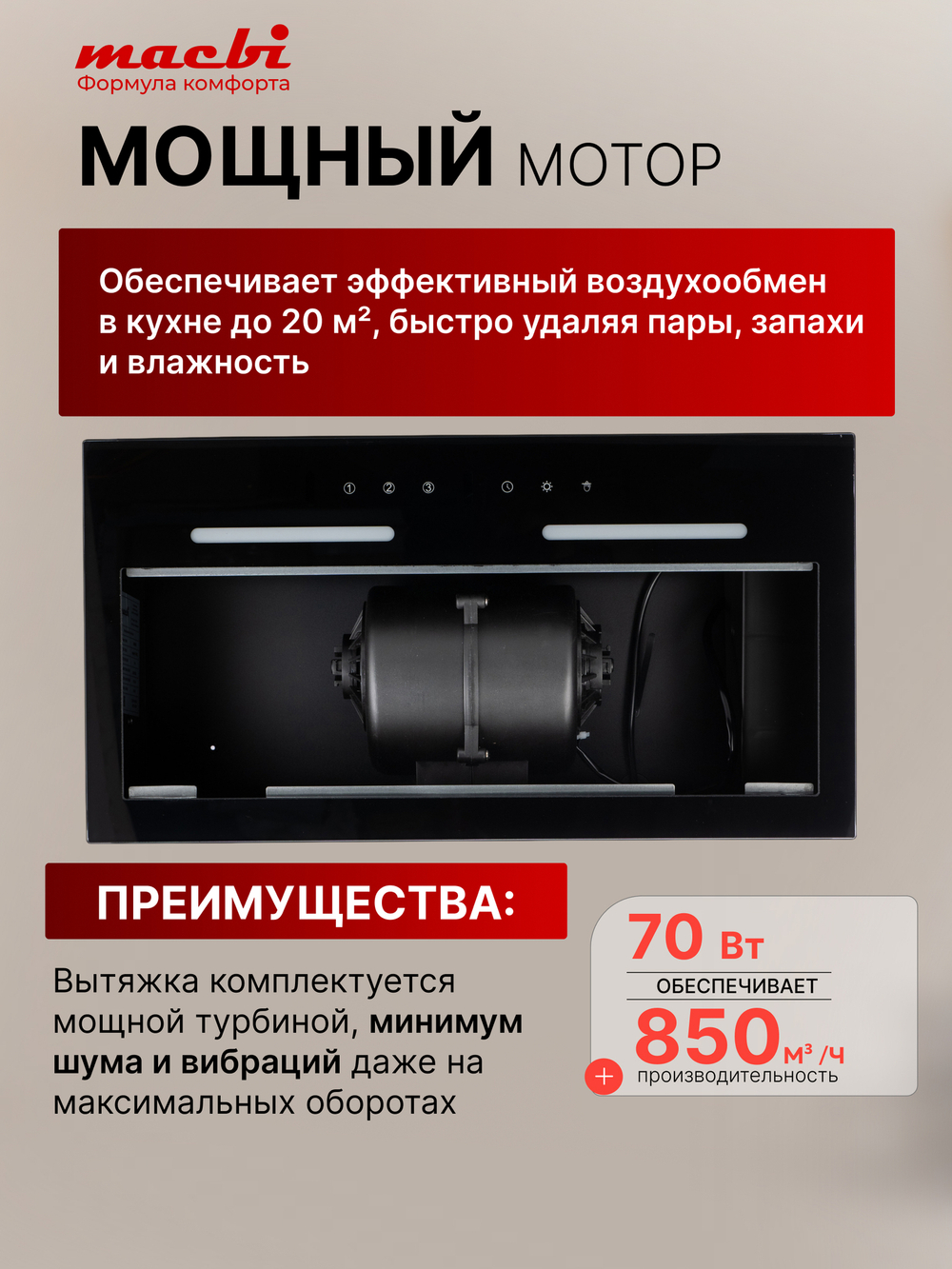 Вытяжка кухонная MACBI встраиваемая S-BOX-G55G BLACK 850м3/ч Черная (управление жестами)