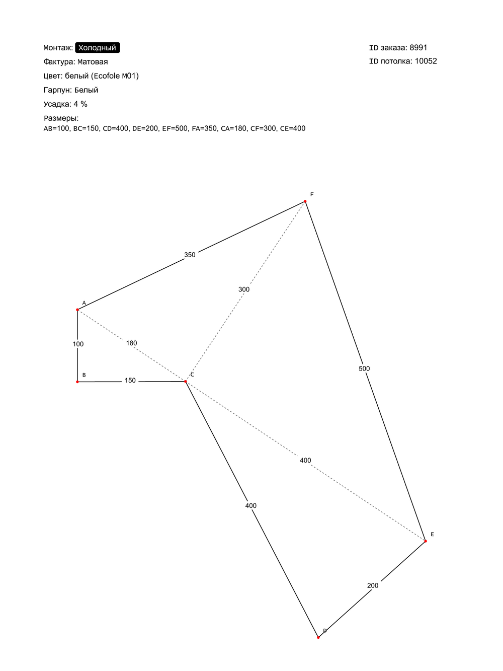 Матовый натяжной потолок 13.3 м2