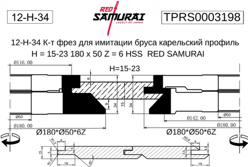 12-Н-34 К-т фрез для имитации бруса карельский профиль H = 15-23 180 х 50 Z = 6 HSS RED SAMURAI