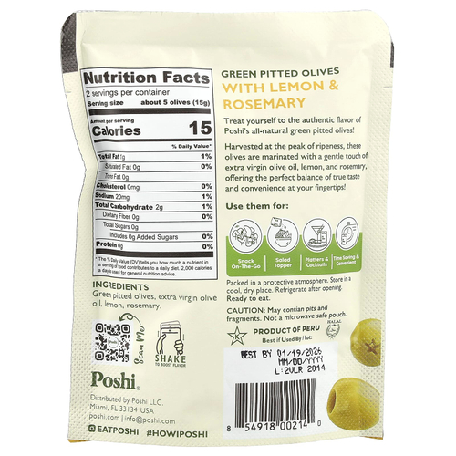 Poshi, Snacks, зеленые оливки премиального качества, лимон и розмарин, 30 г (1,1 унции)