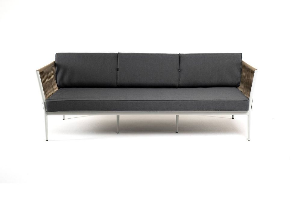 "Касабланка" диван 3-местный плетеный из роупа, каркас алюминий светло-серый (RAL7035) муар, роуп серо-коричневый 23мм, ткань серая 017