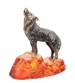 Народные промыслы AM- 969 Фигурка «Волк, воющий на луну» (латунь, янтарь)