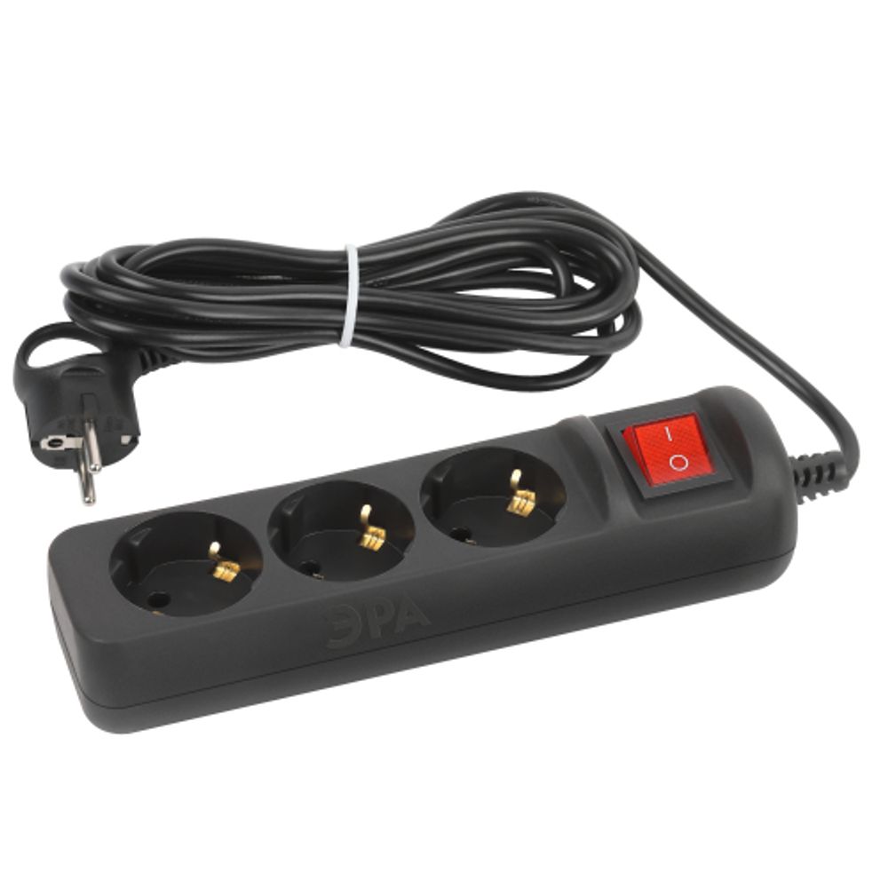 Удлинитель электрический ЭРА UX-3es-5m-B с заземлением с выключателем 3 розетки 5м ПВС 3x0,75мм2 10А черный | Бытовые удлинители